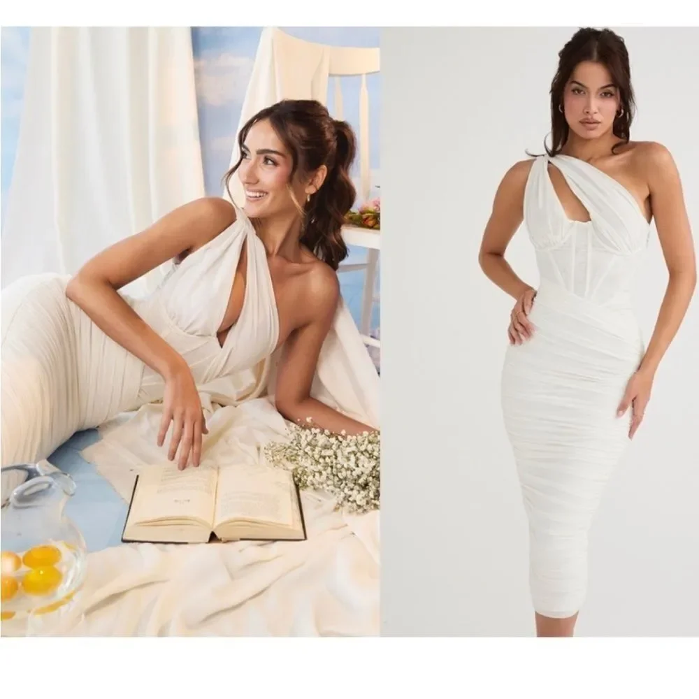 House of CB‎ Valentina Asymmetric Cutout Ivory Midi Dress - Picture 3 of 7